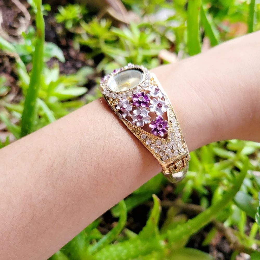 Ornate Floral Rhinestone Gold & Purple Watch